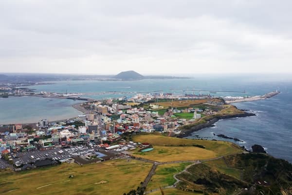 Jeju Island aerial view with coastal landscape